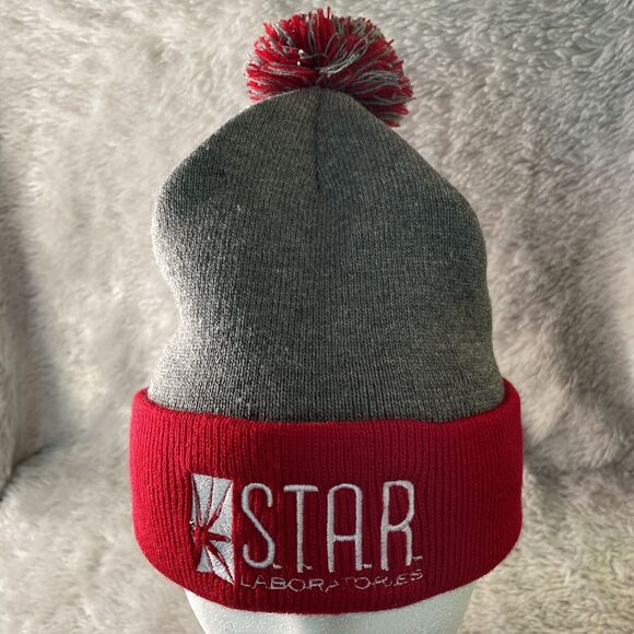 Flash Star Laboratories Beanie with Pom Stocking Cap Knit Gray Red DC Comics - Picture 3 of 10